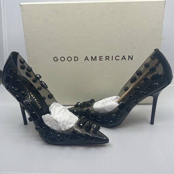 BN IN BOX Good American Light smoke Jeweled Emma Heels Sz 4 - Picture 2 of 9